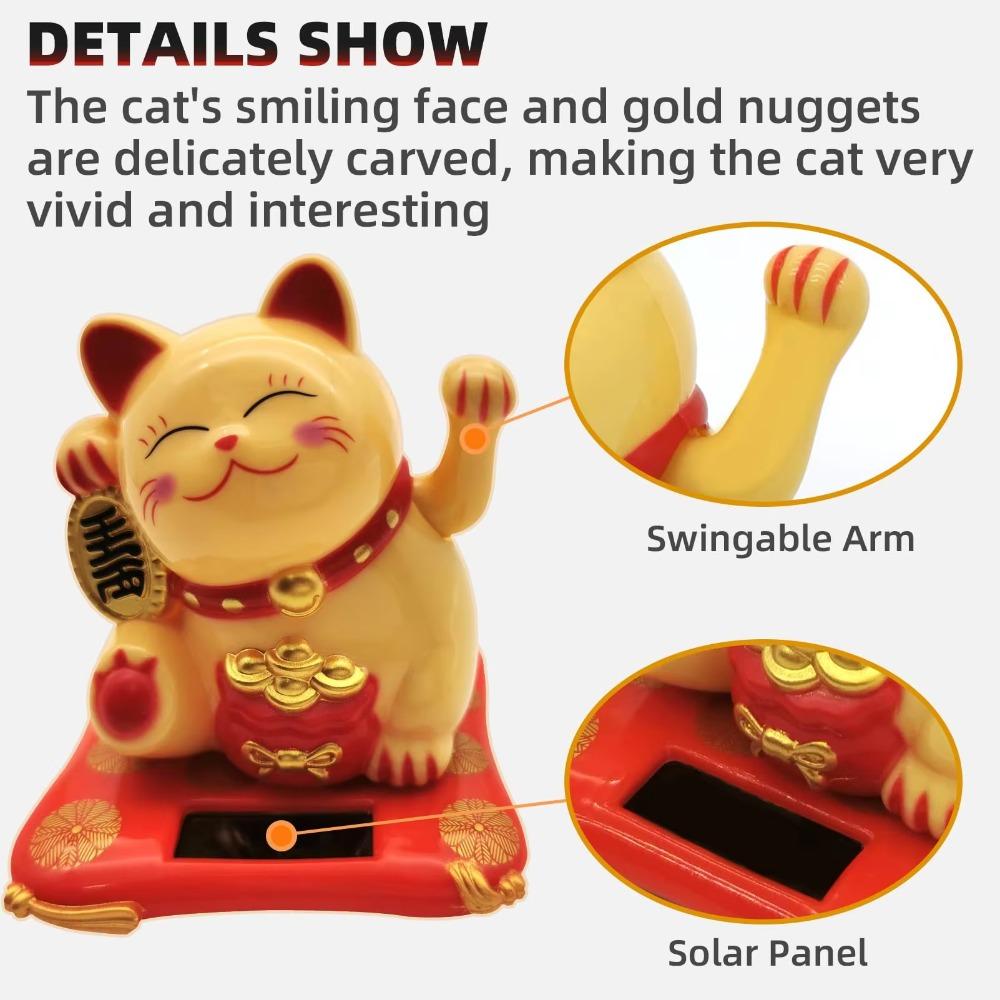 Solar Powered Fortune Cat Figurine Waving Wealth Waving Hand Cat Ornaments for Home, Office