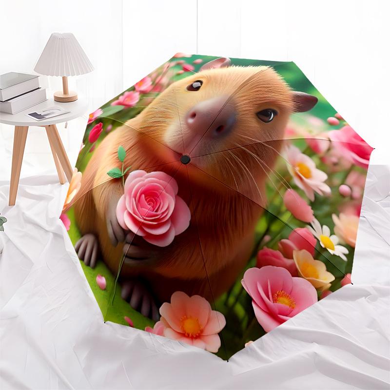 1pc Capybara Flower Automatic Folding Umbrella, 8-Rib Iron Frame, Casual Outdoor Accessory for Birthday Festival Gifts yy251128190