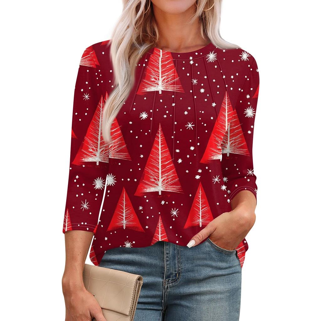 Женская модная повседневная футболка с круглым вырезом и рукавом семь четвертей в стиле ретро с принтом, плиссированная футболка