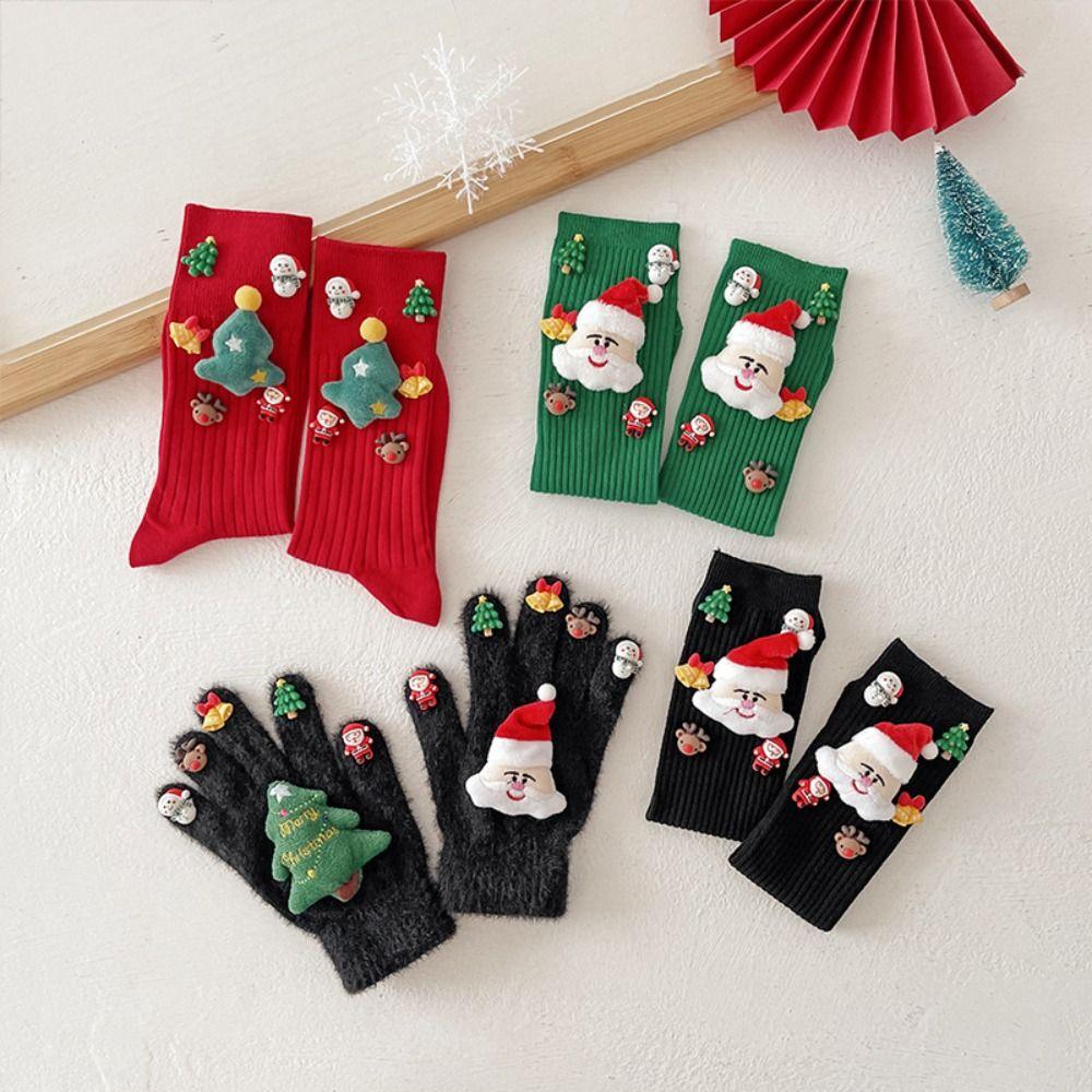 Knitted Xmas Winter Gloves Cartoon Five Finger Gloves Handwear Plush Gloves New Year