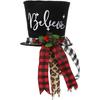 Christmas Tree Topper Hat, Black Velvet Bowler Derby Hat Topper with Long Plaid Ribbon Ornament, Christmas Snowman Topper Hat for Home Holiday Tree