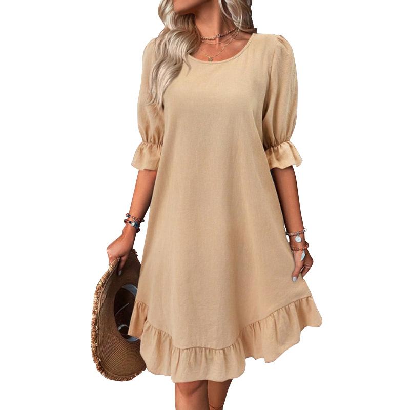 Женское винтажное хлопковое льняное платье со средним рукавом и круглым вырезом, однотонная юбка, платье со свободным подолом, кружевные платья