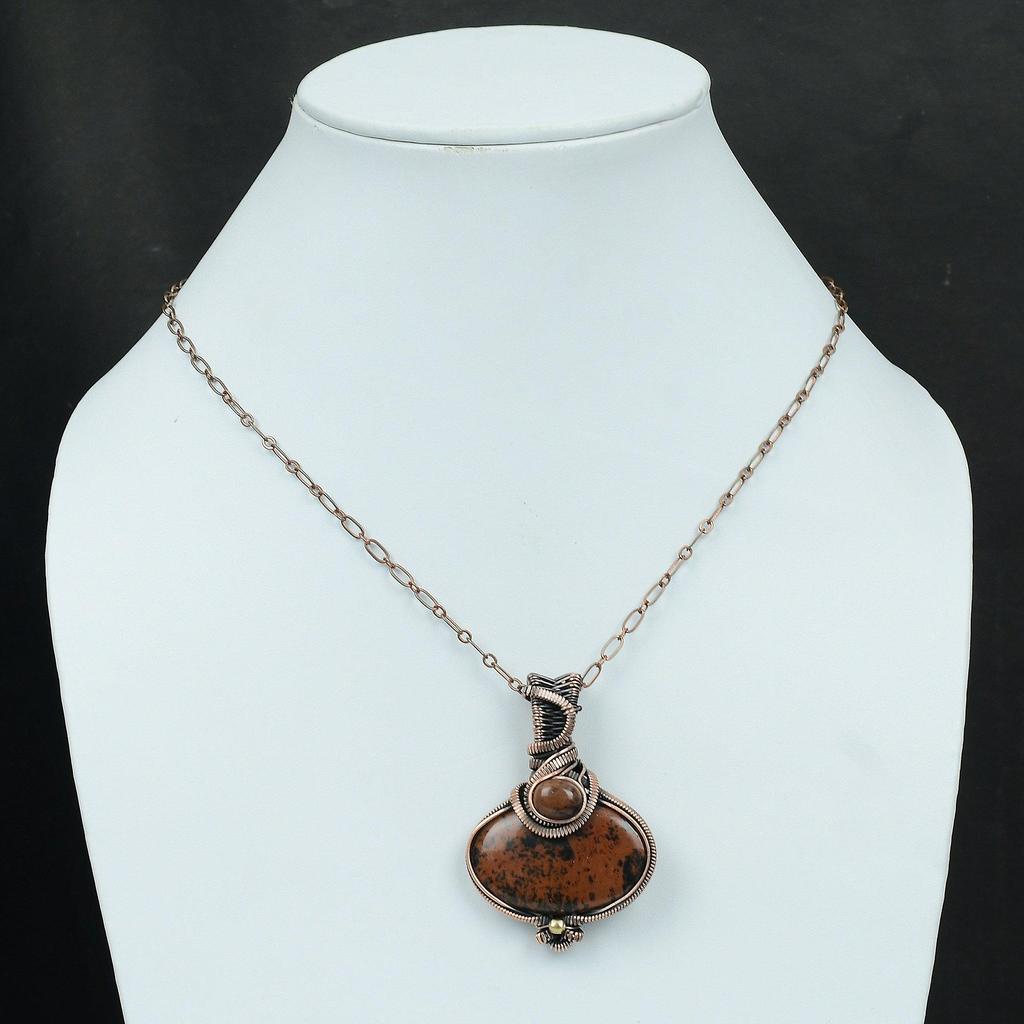 Кулон из махагонового обсидиана, кулон, обернутый медной проволокой, драгоценный камень, медные украшения, дизайнерский кулон ручной работы, украшения, обернутые проволокой, подарок для матери