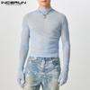Men Long Gloves Sleeve See Through Tops Club Party Mesh Skinny T-Shirts
