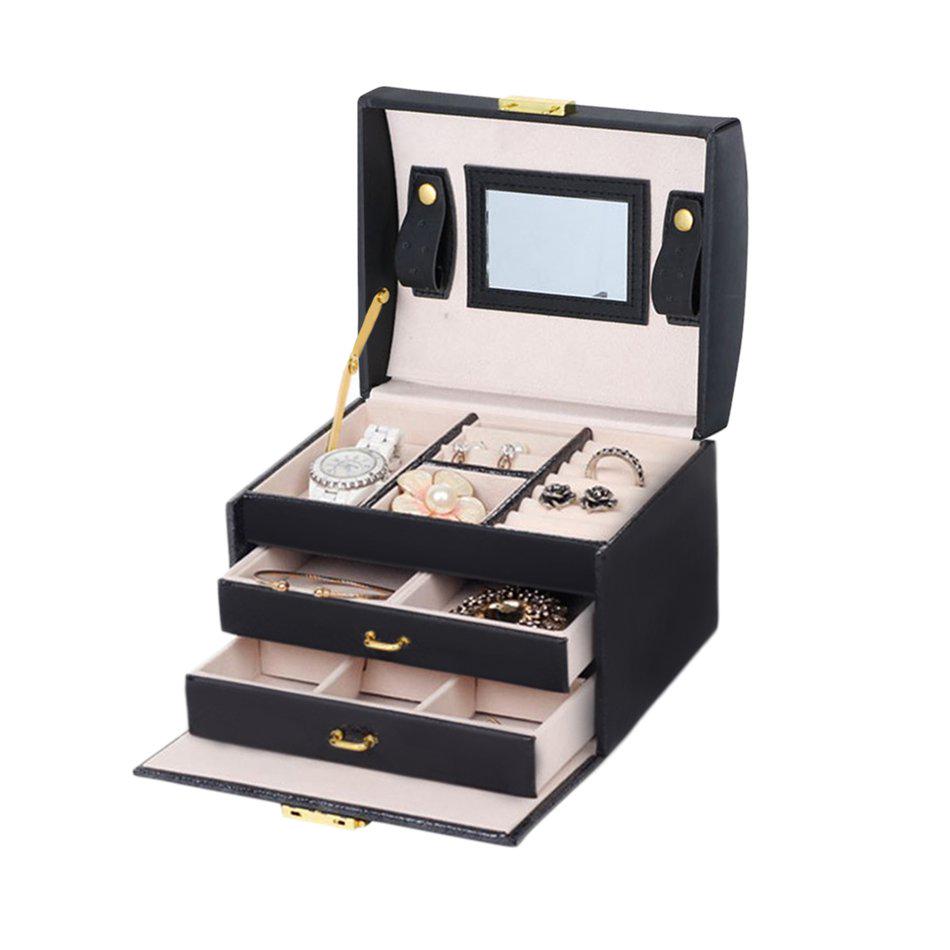 Органайзер для хранения ювелирных изделий из ПУ Трехслойная коробка с двумя ящиками