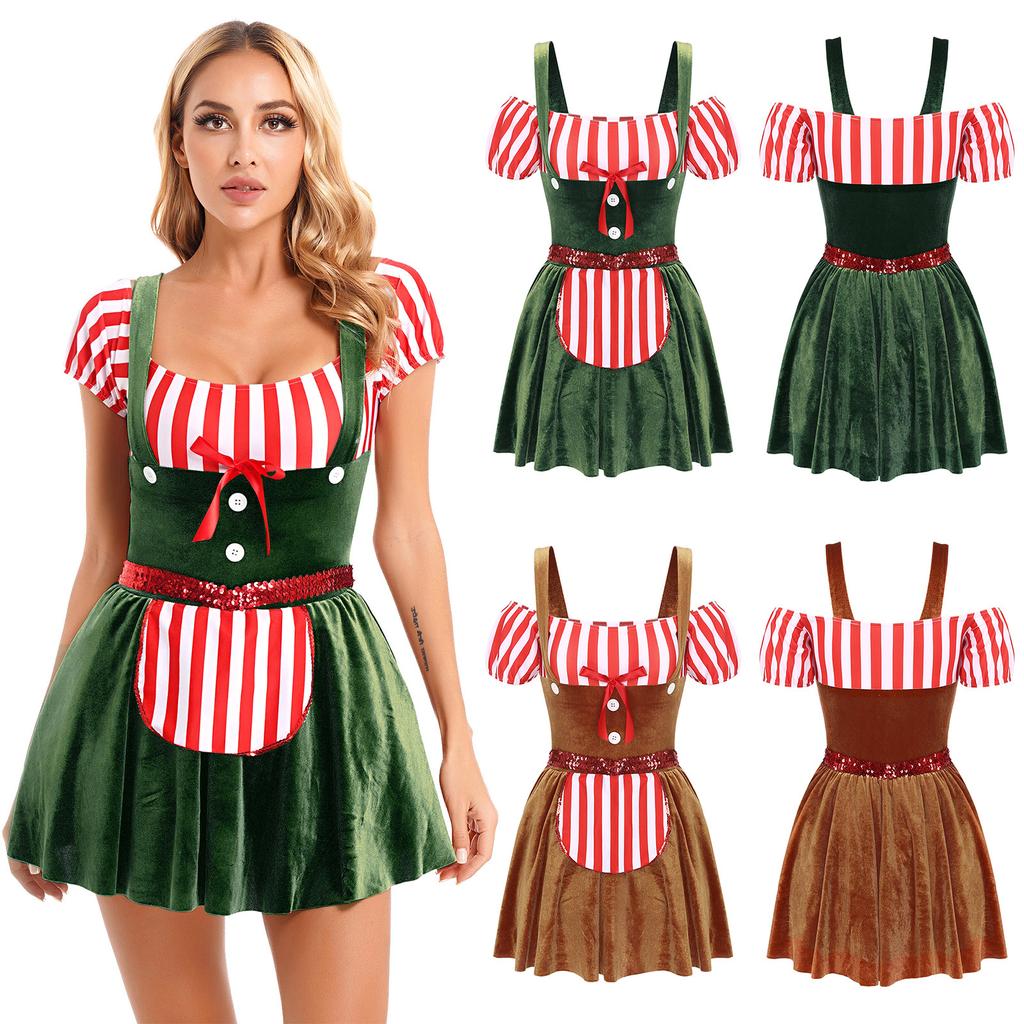 Womens Gingerbread Costume Oktoberfest Outfits German Bavarian Dress Dirndl Dress Halloween Fancy Dress Theme Party Dress Up