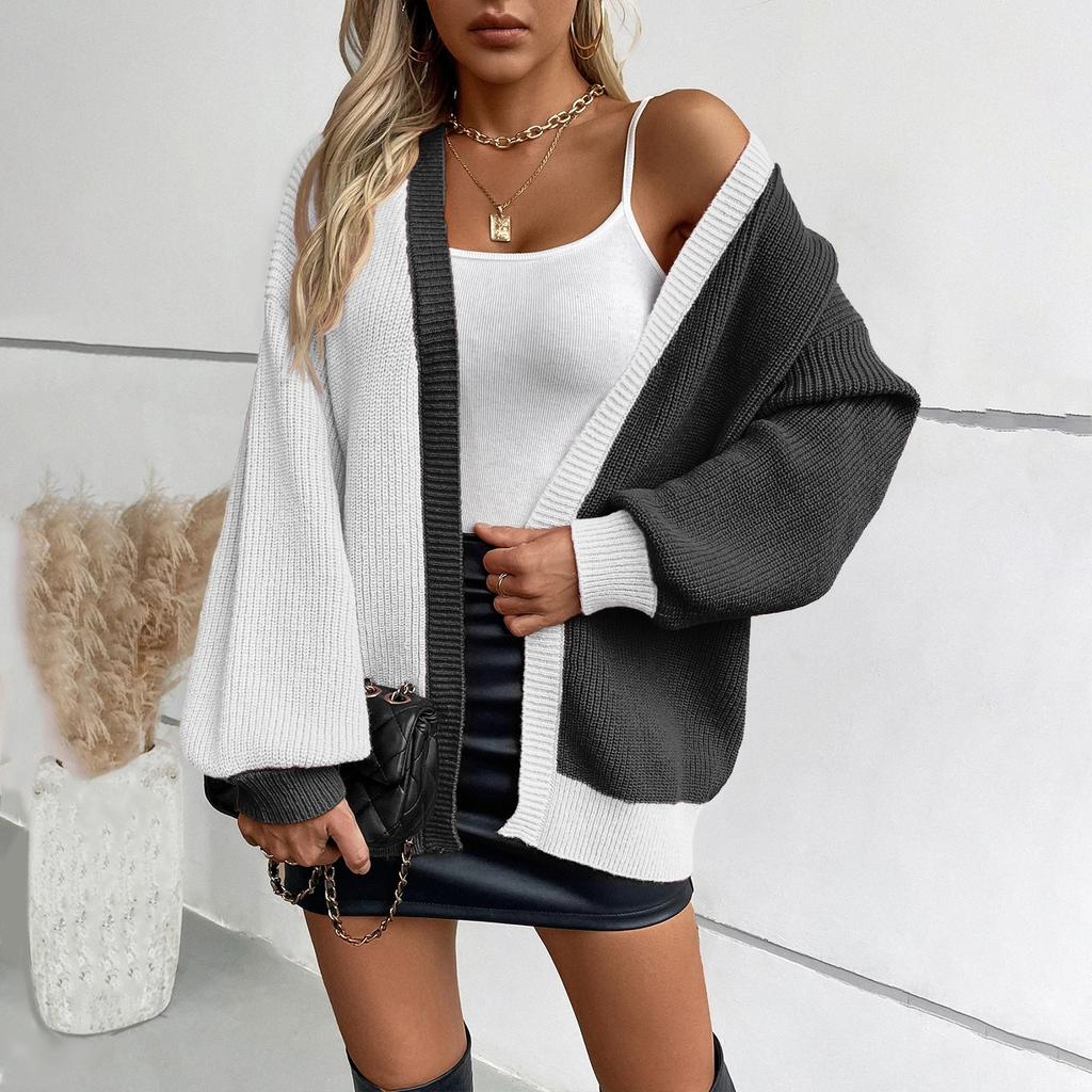 Women's Color Block Sweater Casual Loose Long Sleeved Knitted Cardigan Jacket