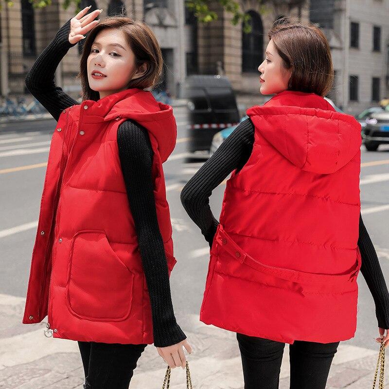 Women Autumn Winter Short Hooded Vest Coat With Belt Outwear Overcoat Oversized Puffer Jacket Cotton Padded Parkas Waistcoat