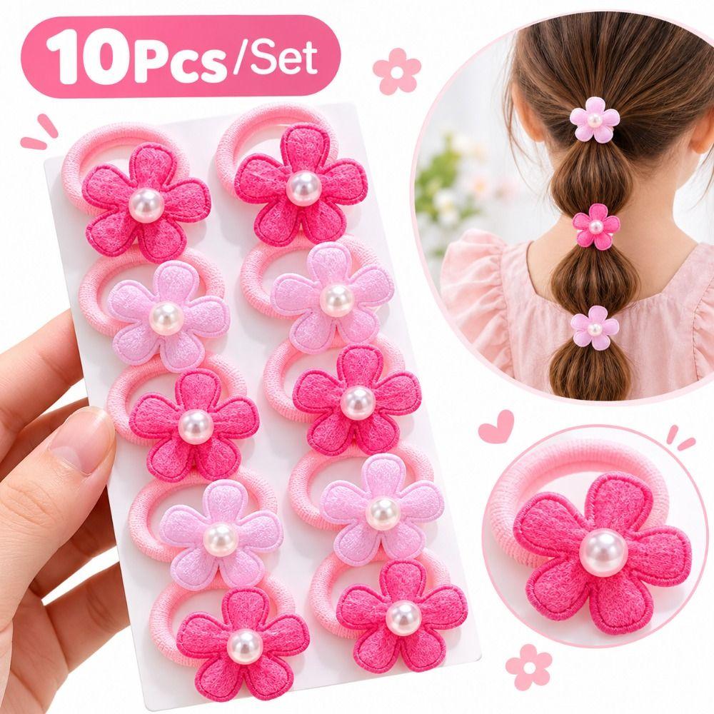 10Pcs/Set Pearl Decor Ponytail Holders Pink Flower Hair Ties Set Flower Hair Ties Party Wear