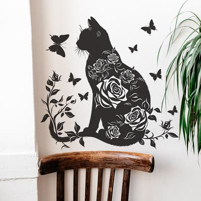 Черная кошка, цветок, бабочка, детская комната, детский сад, украшение стены, настенные наклейки, самоклеящиеся