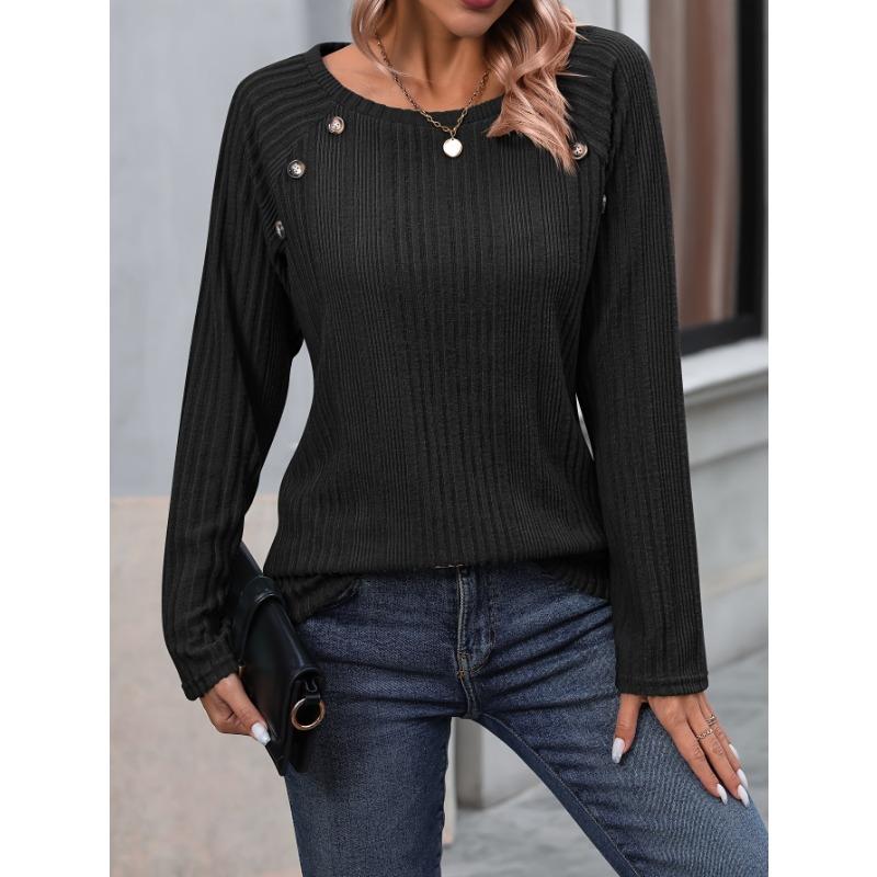 Autumn and Winter Women's Pit Stripe Milled Round Neck Solid Colour Button Long Sleeve Top