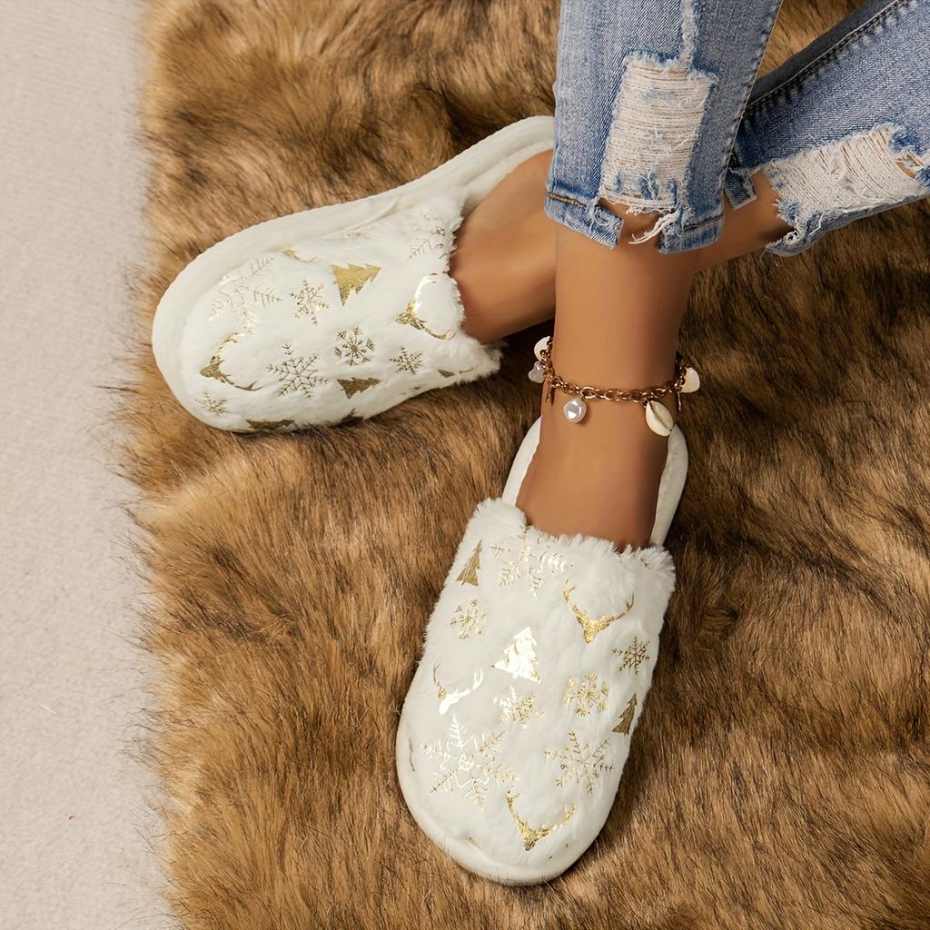Christmas Pattern Plush Winter Slippers, Cozy & Warm Slip On Fuzzy Flat Shoes, Closed Toe Indoor Floor Slippers