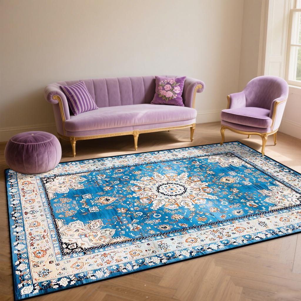 Persian Blue Living Room Rugs Flannel Decoration Bedroom Anti Slip Floor Mats Customizable Lounge Carpet Washable Gaming Room