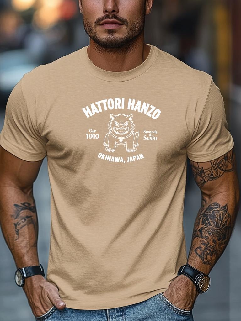 Unisex Black Crew Neck Tee Vintage Hattori Hanzo Okinawa Japan Lion Guardian Swords And Sushi Retro Print Soft Cotton Male Tops