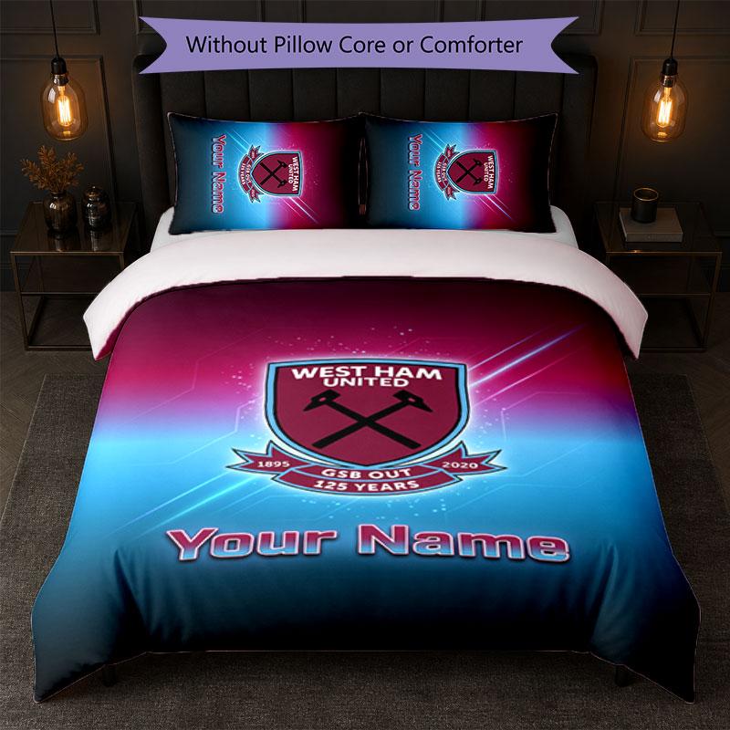 West Ham United FC Custom Name Text Bedding Set 1 Duvet Cover+2 Pillowcases Soccer Logo Personalized Gift For Special Occasion Bedroom Decor