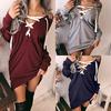 Women Sexy Lace Up Bandage Deep Off Shoulder Hoodies Long Loose Sleeve Pullover
