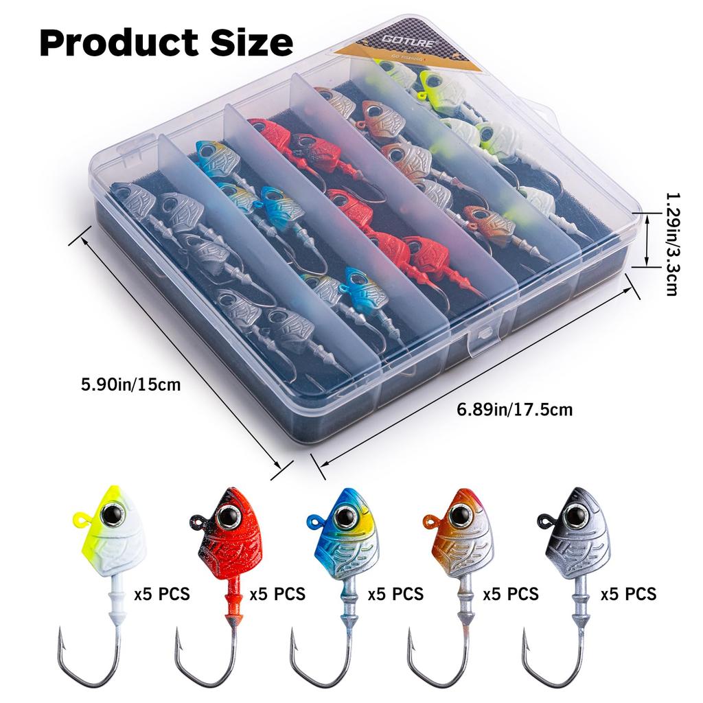 Goture Джиг-головка 5 цветов Набор из 25 штук Кейс Джиг-головка Аджинг Головка Медовая креветка Морская рыбалка Морской окунь Набор приманок 7/10/14/21/28/32г [Хранение в комплекте]