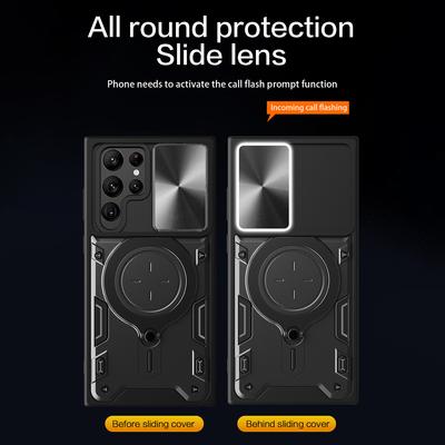 Для Samsung Galaxy S22 Ultra 5G Вращающаяся подставка Чехол для телефона Ударопрочная PC+TPU накладка со сдвижной крышкой камеры