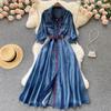 Spring and Autumn New Retro Denim Dress Women's Long-sleeved Design Waist Shirt Dress Button High Waist Dress