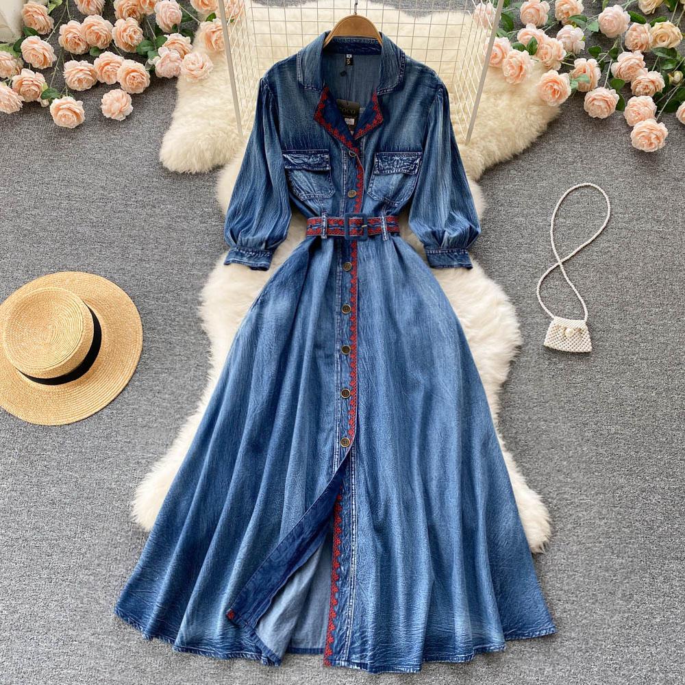 RUGOD Spring and Autumn New Retro Denim Dress Women's Long-sleeved Design Waist Shirt Dress Button High Waist Dress
