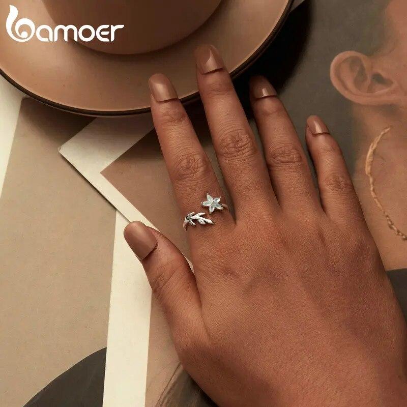 Bamoer 925 Sterling Silver Exquisite Flower Opening Ring Leaf Adjustable Ring for Women Birthday Gift Fine Jewelry