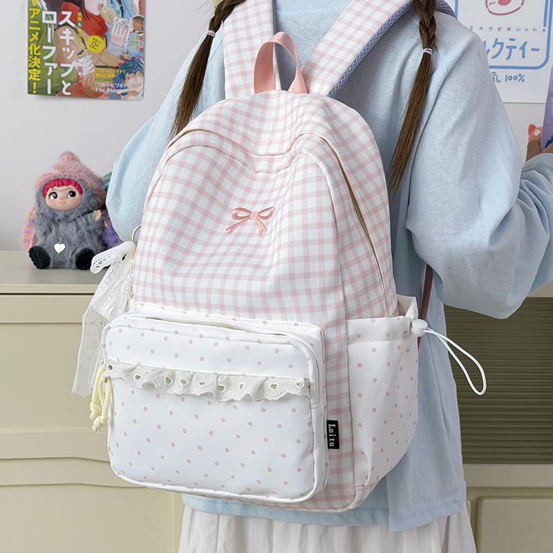 Schoolbag Japanese ins High-value girls backpack Large capacity backpack Lace lace plaid Junior high school student schoolbag