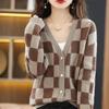 Свитер с v-образным вырезом, клетчатый кардиган, женский 2023, осенне-зимний повседневный свободный свитер с длинными рукавами, уникальный вязаный свитер, женский кардиган