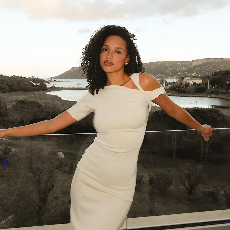 YYFS Women's Fashion Summer Spring Solid Color Print Short Sleeve Oblique Collar High Waist Casual Dresses