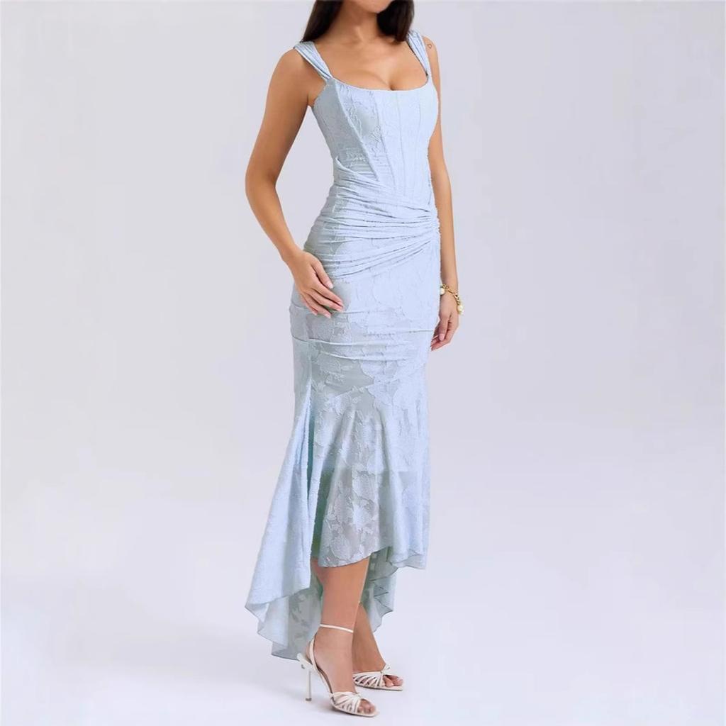 Off Shoulder Textured Jacquard Ruched Corset Mermaid Dress Stretch Slim Fit Asymmetrical Hem Elegant Evening Cocktail Wedding Guest Formal Party Gown