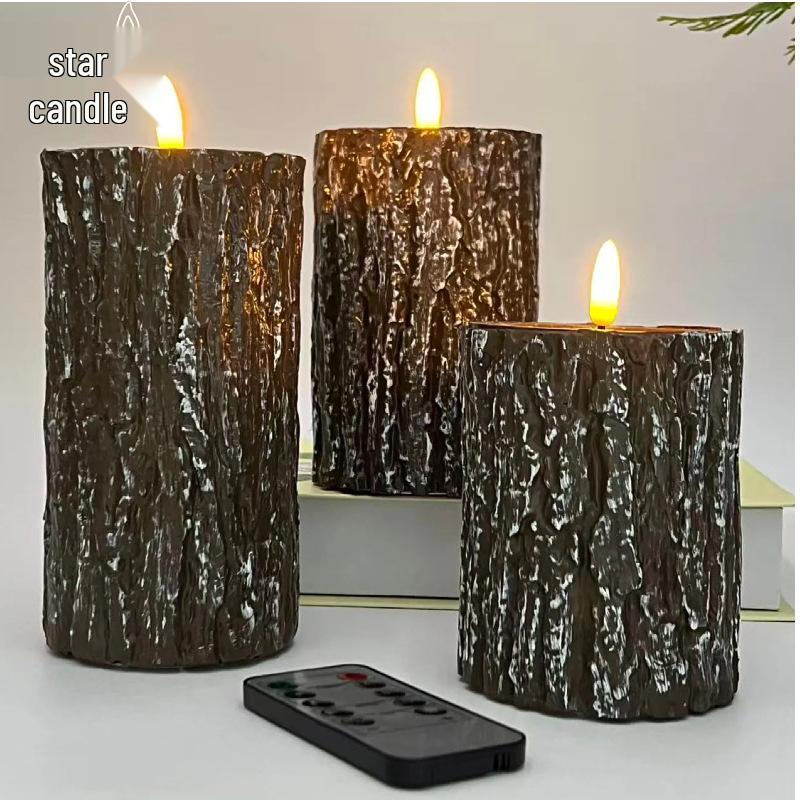 Paraffin Retro Wood Tree Stump Candle Holder with LED Candle Light for Home or Cafe Decor