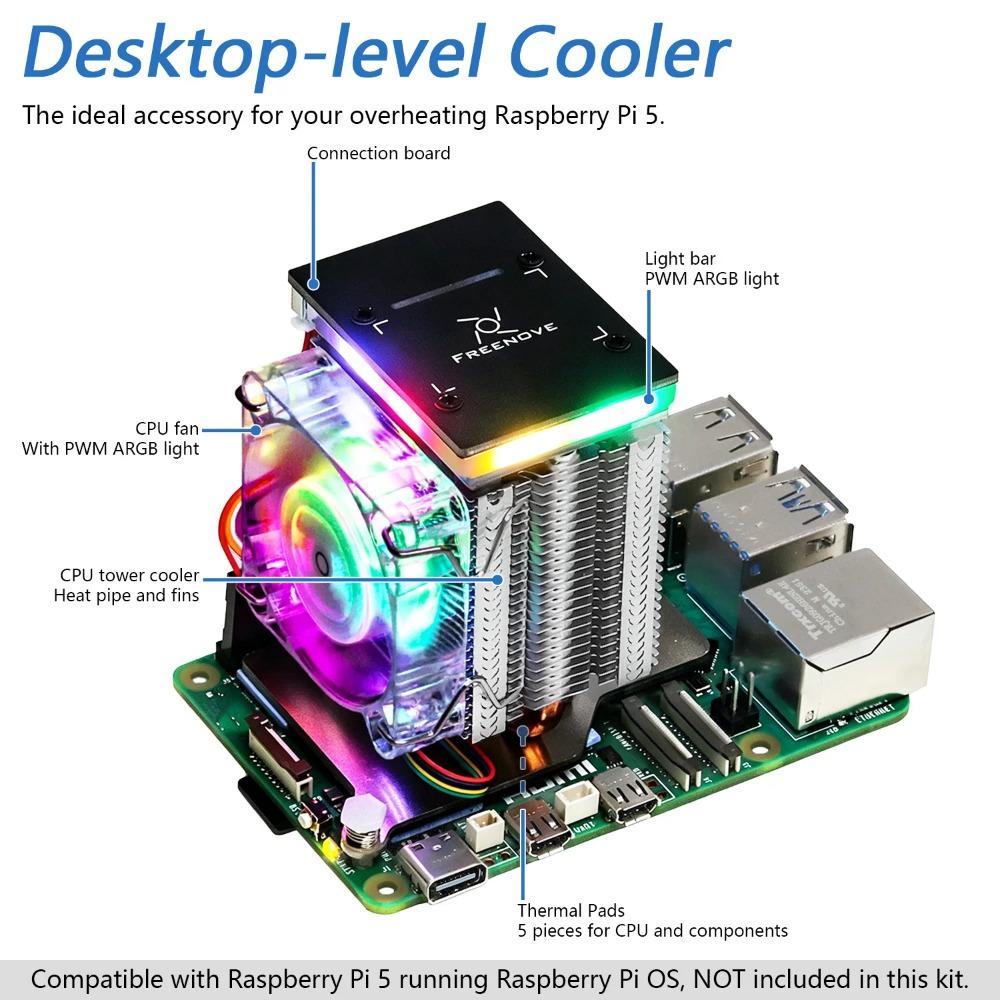 Активный радиатор Freenove для Raspberry Pi 5, 1/2 ШИМ-вентилятора, Синхронизация ARGB-подсветки, OLED-экран, Множество режимов охлаждающей подсветки