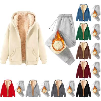 Женская мода однотонная и зимняя утепленная толстовка с капюшоном на молнии, куртка, спортивные штаны, повседневный комплект из двух предметов