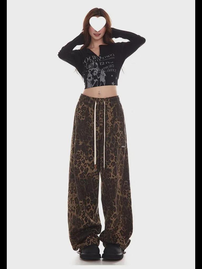 Женский комбинезон в стиле ретро с леопардовым принтом 2024 года в стиле хип-хоп — модные свободные повседневные брюки для уличных танцев