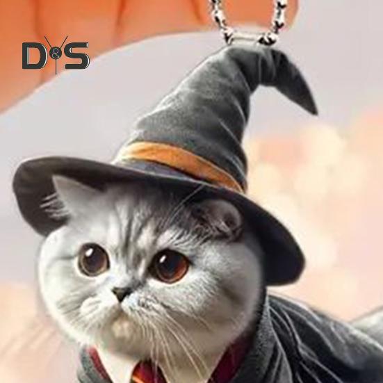 Halloween Wizard Cat Hanging Decoration Home Indoor Christmas Tree Car Rearview Mirror 2D Flat Acrylic Broom Kitten Hanging Ornament Animal Pendant