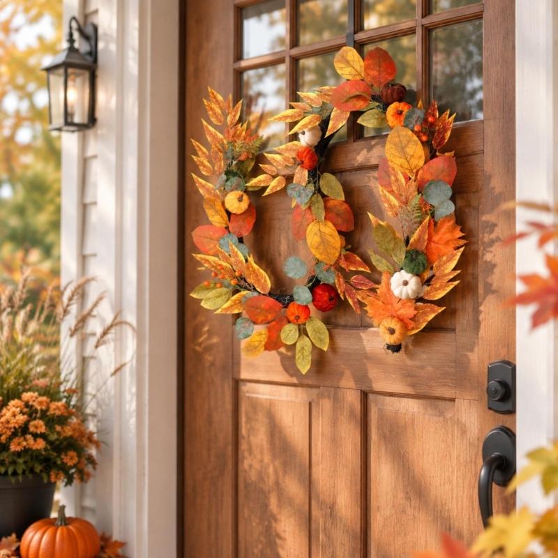 Colorful Fall Hanging Garlands Decoration with Pumpkins and Fruit-Like Motifs for Seasonal Entryway, Living Room, Window and Thanksgiving Displays