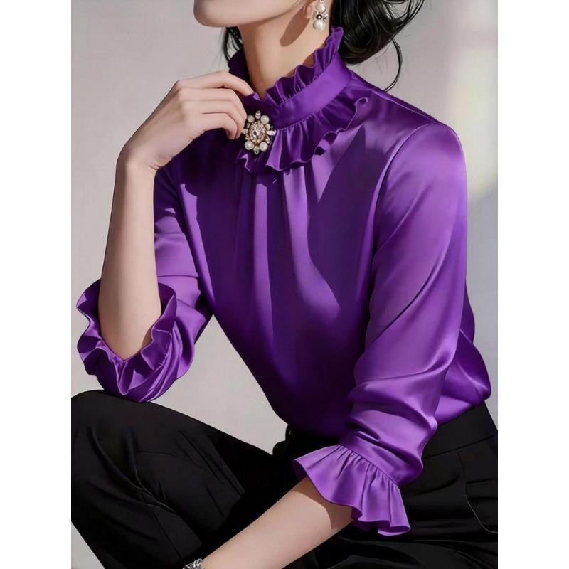Women ruffled stand collar satin three quarter sleeve shirt multi color slim fit rhinestone pearl brooch office elegant blouse