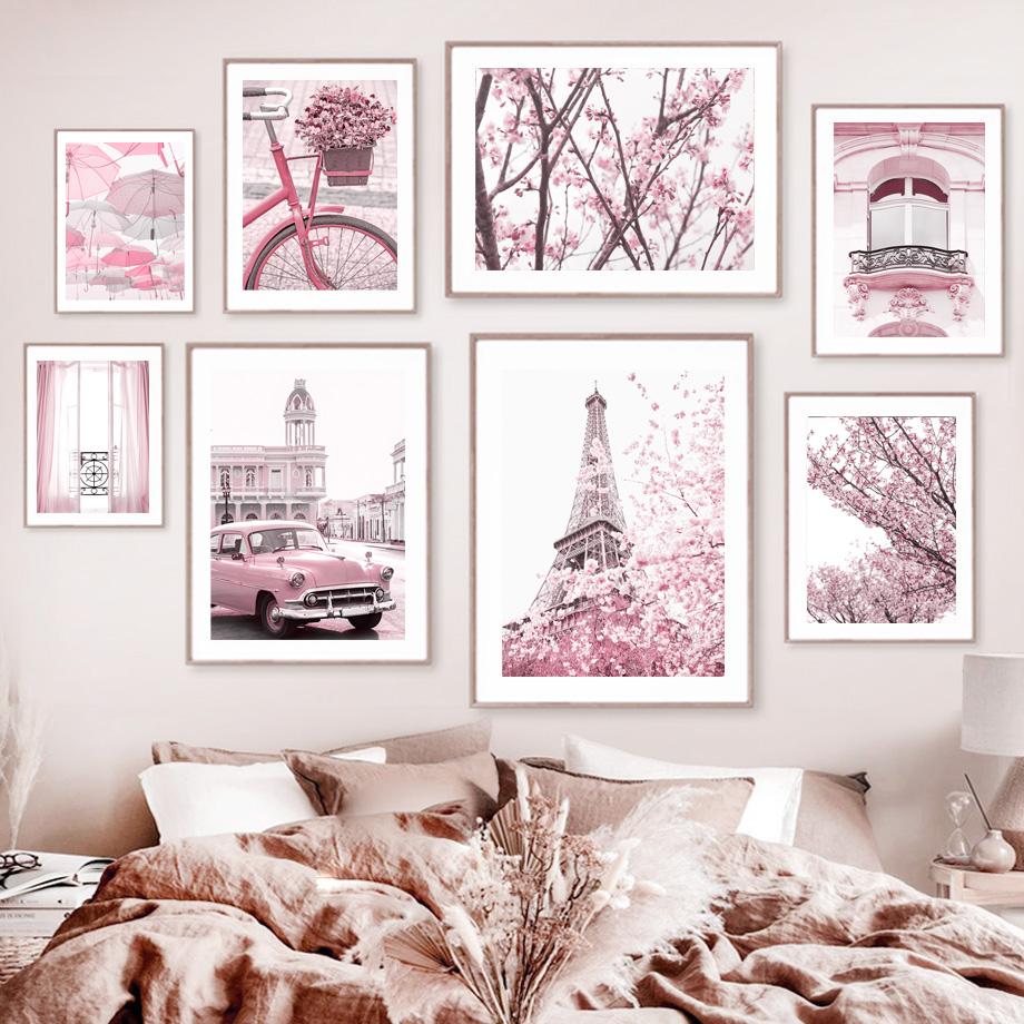 Pink Flower Balcony Tower Paris Car Bicycle Umbrella Wall Art Print Canvas Painting Nordic Poster Decor Pictures For Living Room