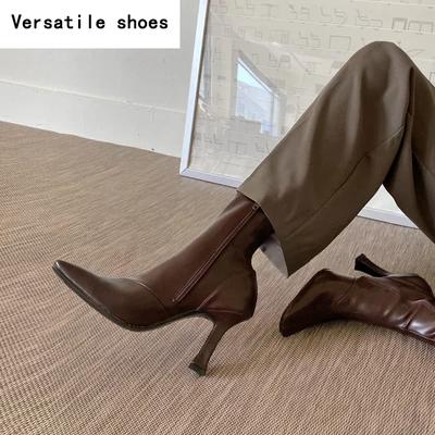 Черные женские ботильоны на тонком высоком каблуке, модные, с острым носком, на молнии, зимние женские туфли, кожаные, белые, короткие, ботильоны