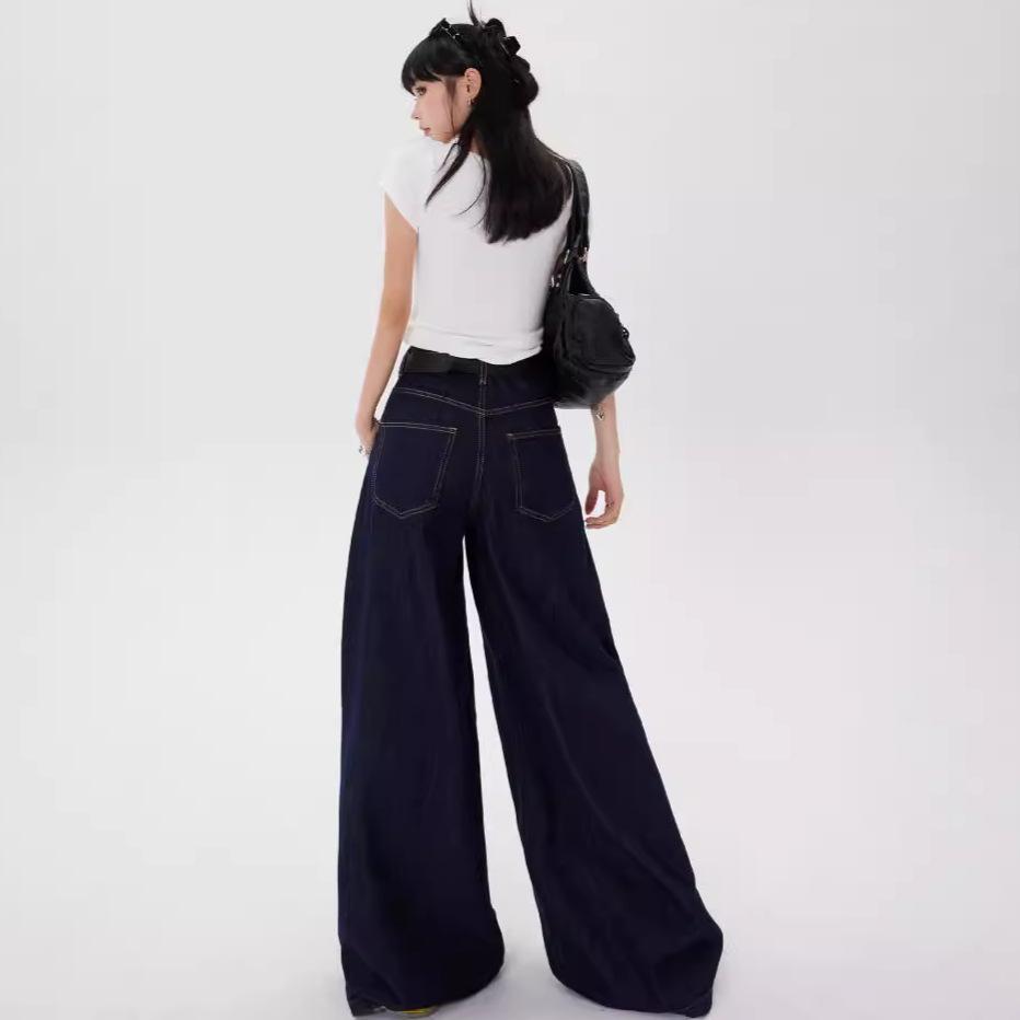 Весна-лето Женские свободные темно-синие джинсы с широкими штанинами для улично-стильной девушки, мешковатые брюки с высокой талией, женские повседневные прямые джинсовые брюки