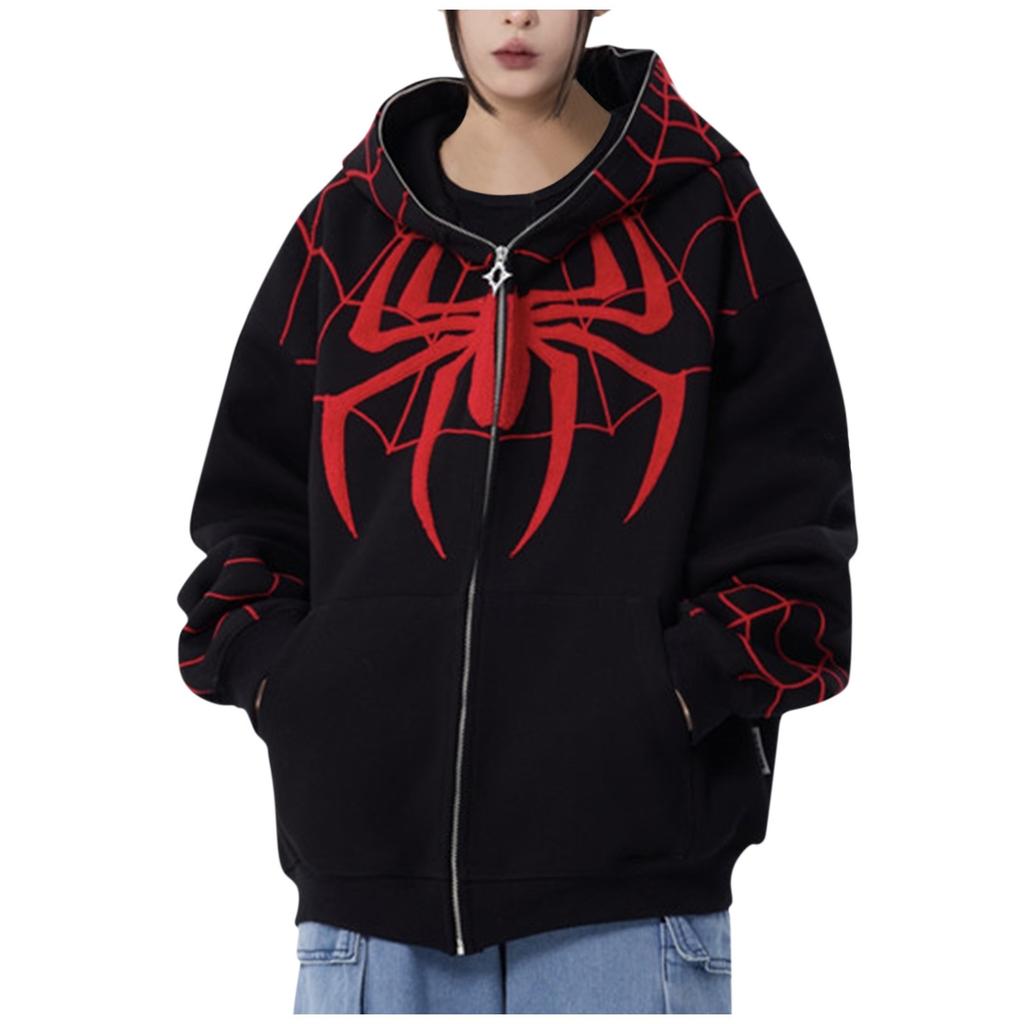 Готическая темная куртка с капюшоном и принтом паука, свободная мужская и женская куртка-свитер с полной цепочкой