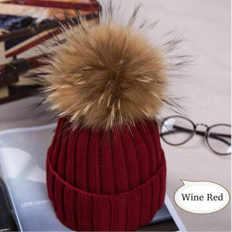 2023Hot Women Winter Racoon Fur Pom Pom 15cm Ball Knit Beanie Ski Cap Bobble Hat