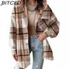 Women's Flannel Plaid Jacket Long Sleeve Fall Button-Down Color-Block Hooded Coat