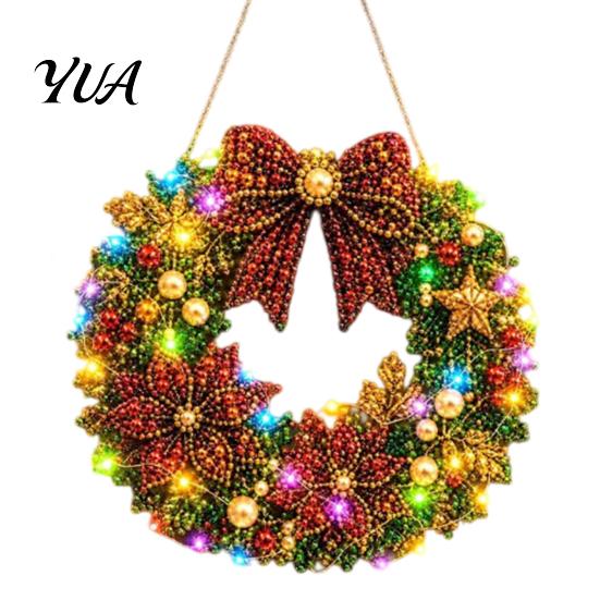DIY Home Holiday Decor Acrylic Christmas Faux Pearl Art Hanging Kit, Lighted Wreath 3D Beaded Craft Sparkling Gemstone Project Kit with LED