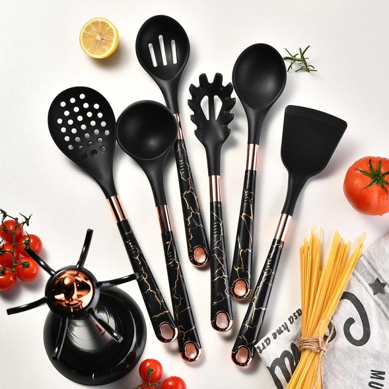 7 PCS Silicone Cooking Kitchen Utensil Set Wooden Handle Kitchen Baking Tools Kitchenware Accessories Storage Bucket