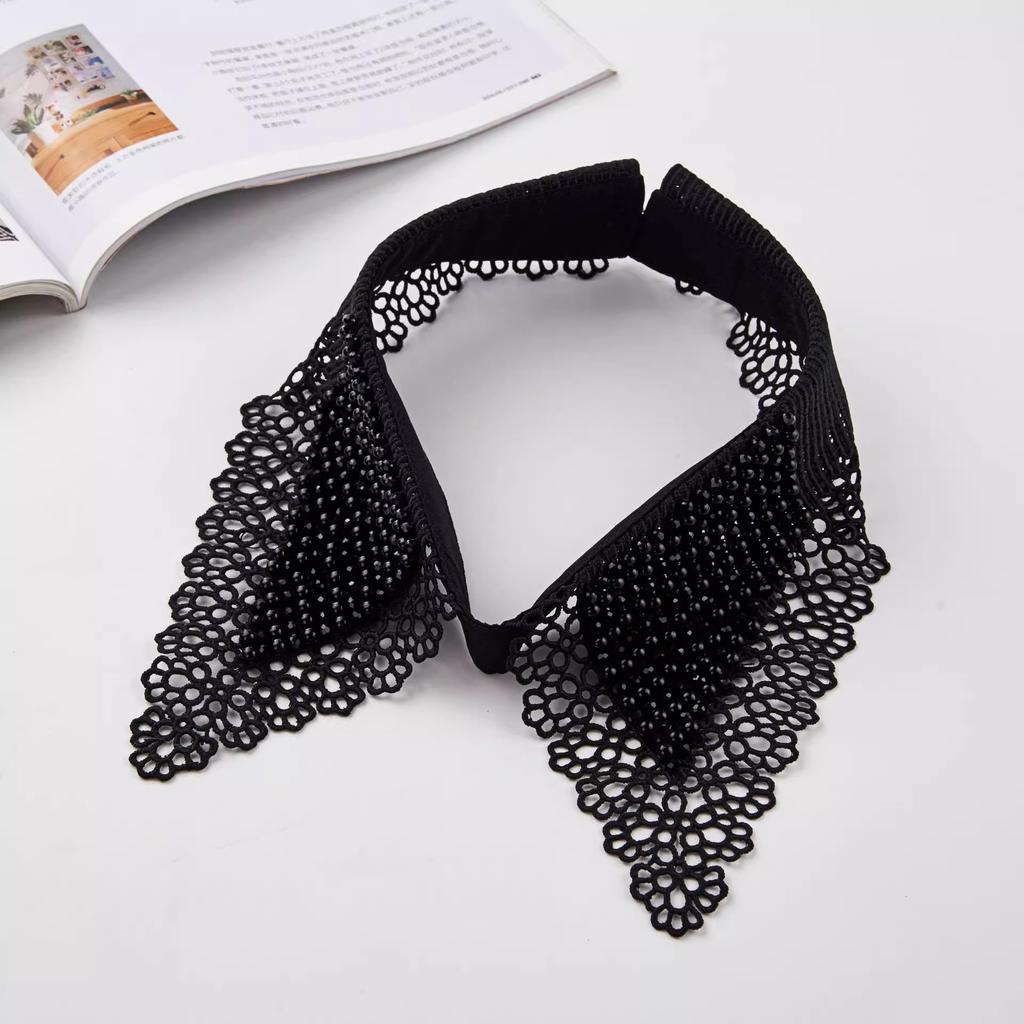 Lace Black White Detachable Fake Collar Beaded Tie Shirt Women's Blouse Top Dickey Detachable Lapel Fashion Accessory