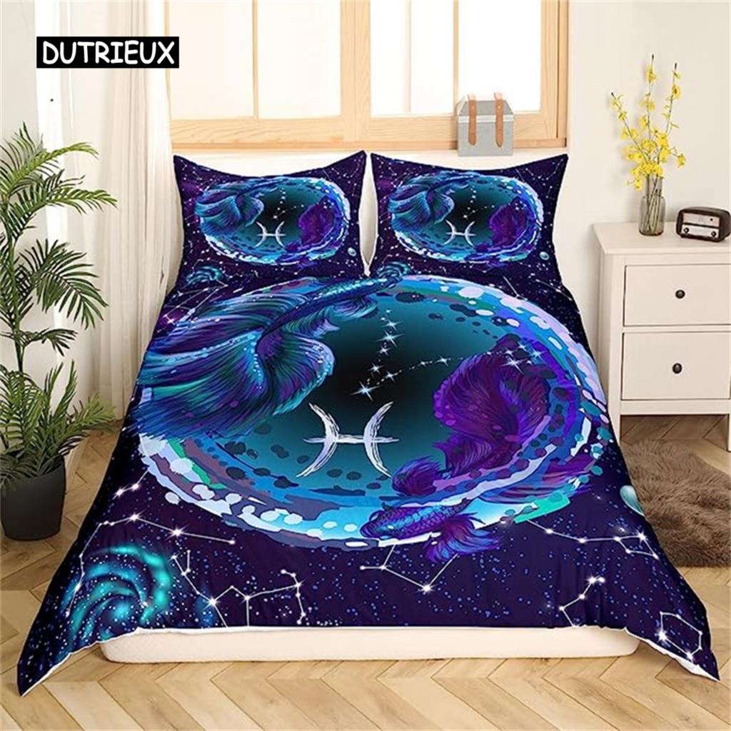 Twelve Constellation Duvet Cover Mysterious Constellation Room Decor Red Brown Galaxy Boys Girls Starry Sky Outer Space Decor