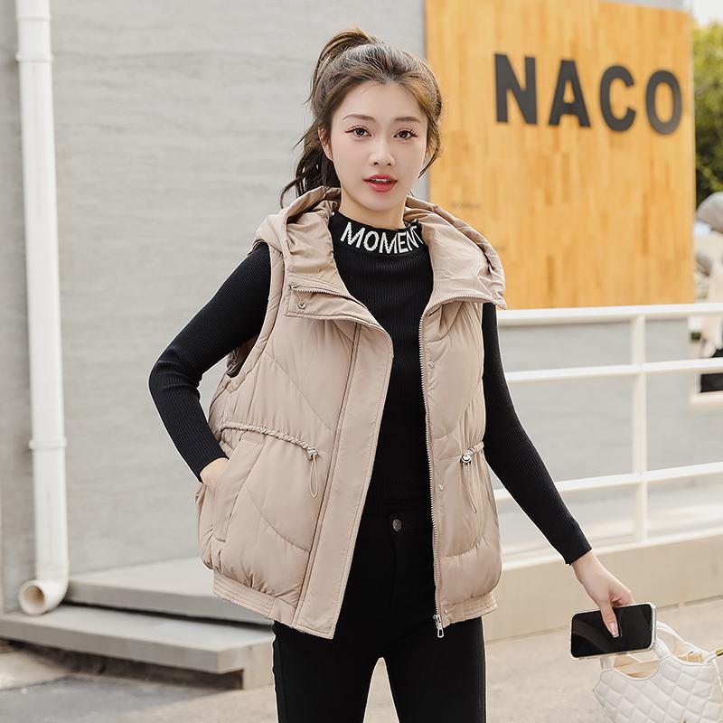Women Autumn Winter Hooded Collar Sleeveless Solid Color Drawstring Warm Coat Vest