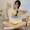 Summer Casual Loose Thin Women's Pajamas Set O-Neck T Shirt & Shorts Sleepwear 2 Pieces Sets Pajama for Girl Youth Homewear