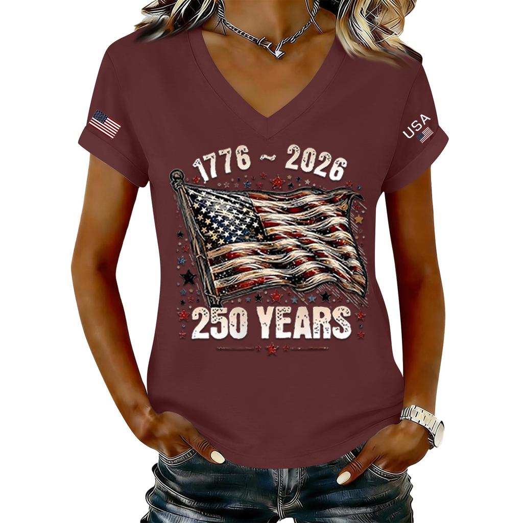 Women's Fashionable V-Neck Casual Retro Print Short Sleeved T-shirt Top