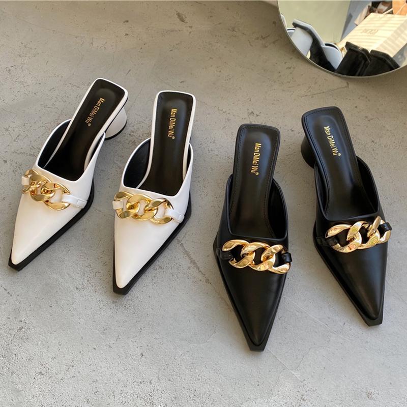 Summer Luxury Women Black High Heels Slippers Close Toe Block Heels Mules Designer Slip On Loafers Slides Party Shoes